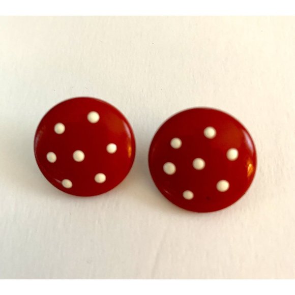Vintage Red and White Enamel Polk A Dot Earrings Polka dot Polk-a-dot - Picture 6 of 7